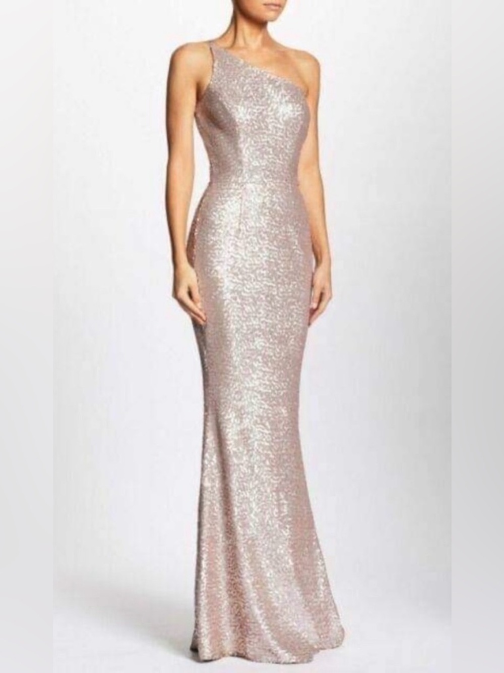 Dress the Population Bella Sequin One Shoulder Mermaid Gown in Ice Pink, Size L